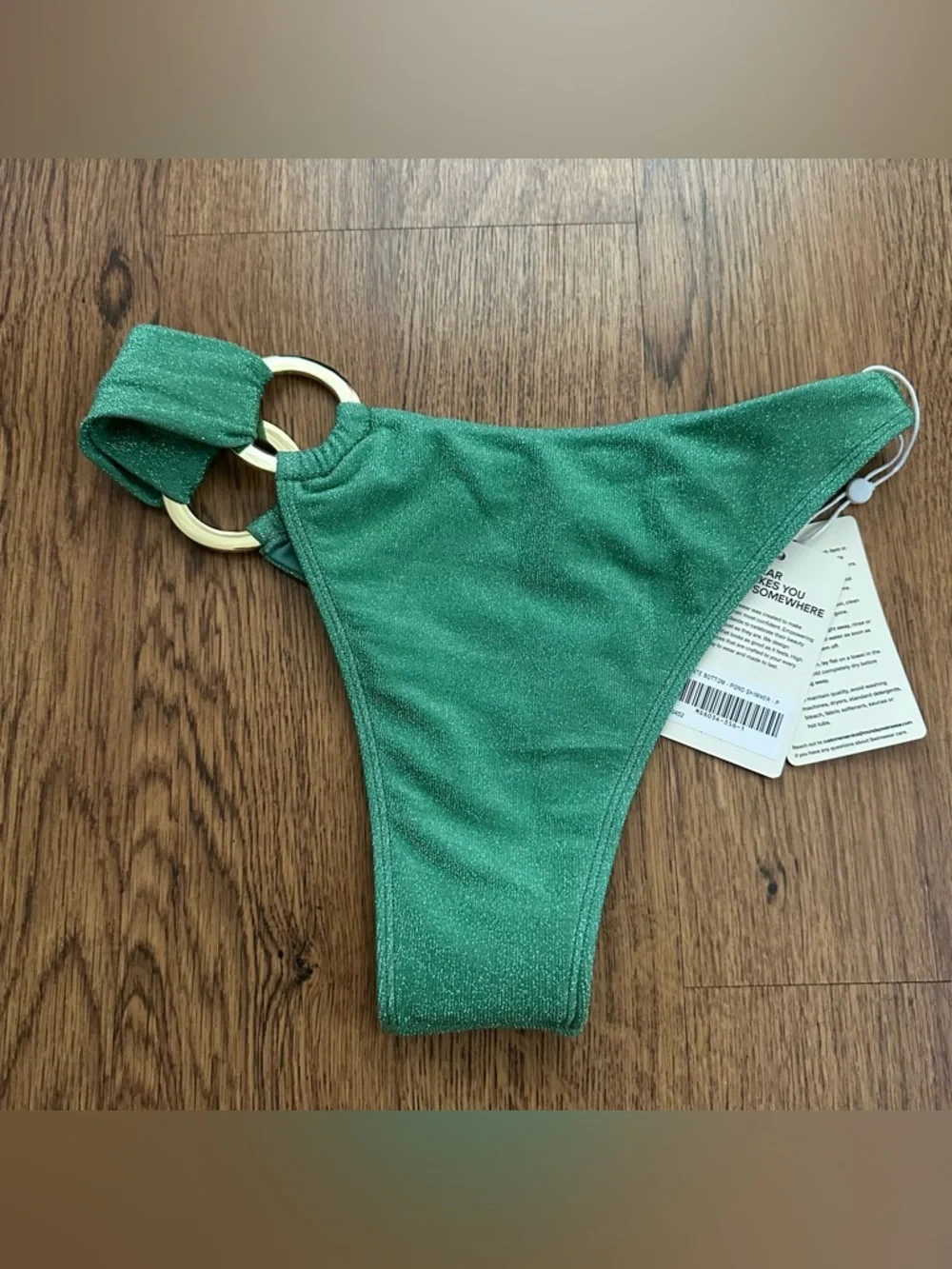 Monday Green Glitter Bikini Bottom with Gold Rings size small NWT swimwear